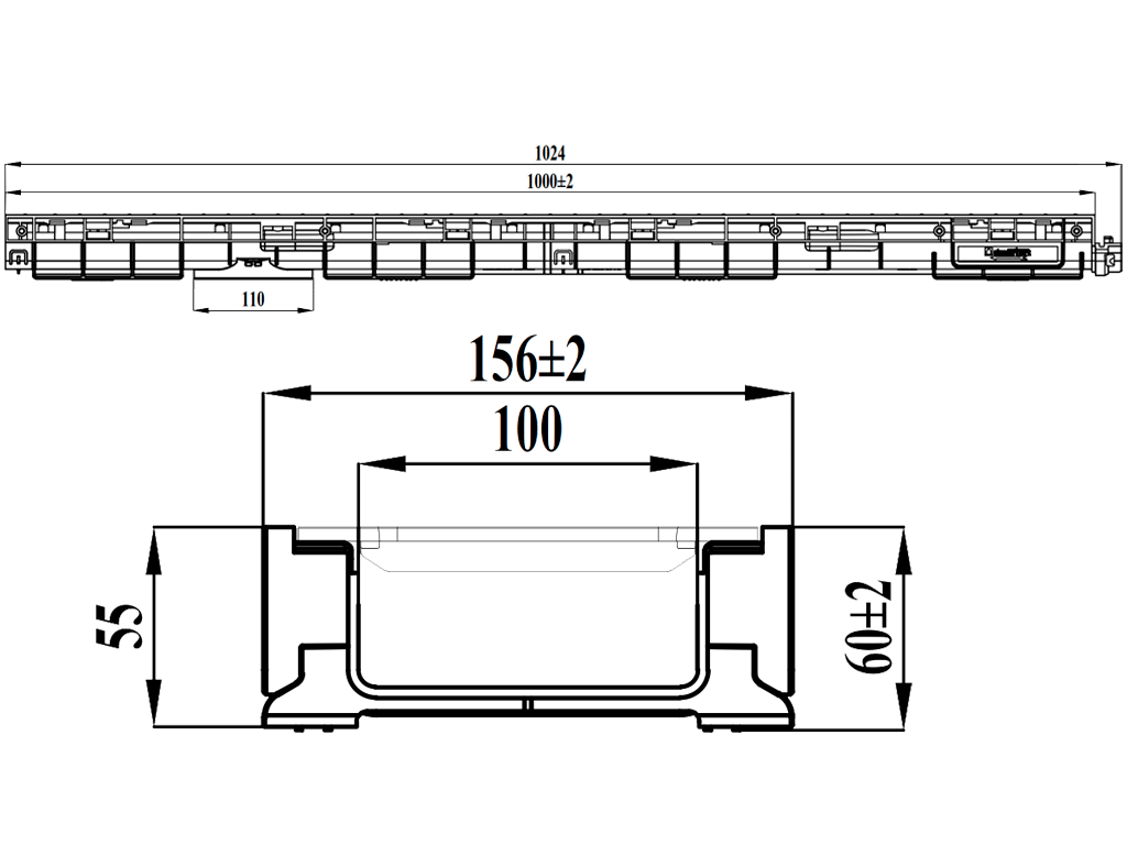 Rigolă din plastic BASE DN100 H60 cu grătare din fontă în fante clasa de sarcini C250